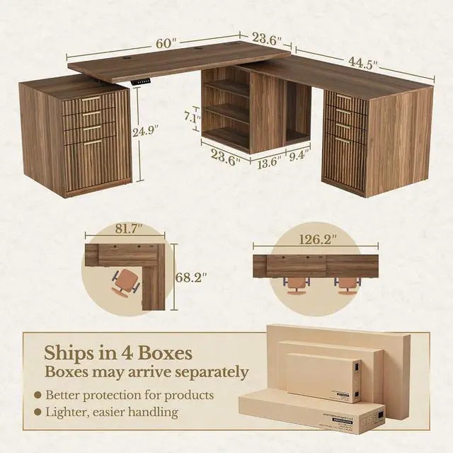 Alt view image 2 of 7 - L Shaped Electric Standing Desk, 81'' x 68" Executive Height Adjustable Desk with Drawers and File Cabinet, AC/USB, Fluted Computer Desk with Storage Shelves for Home Office, Black Walnut