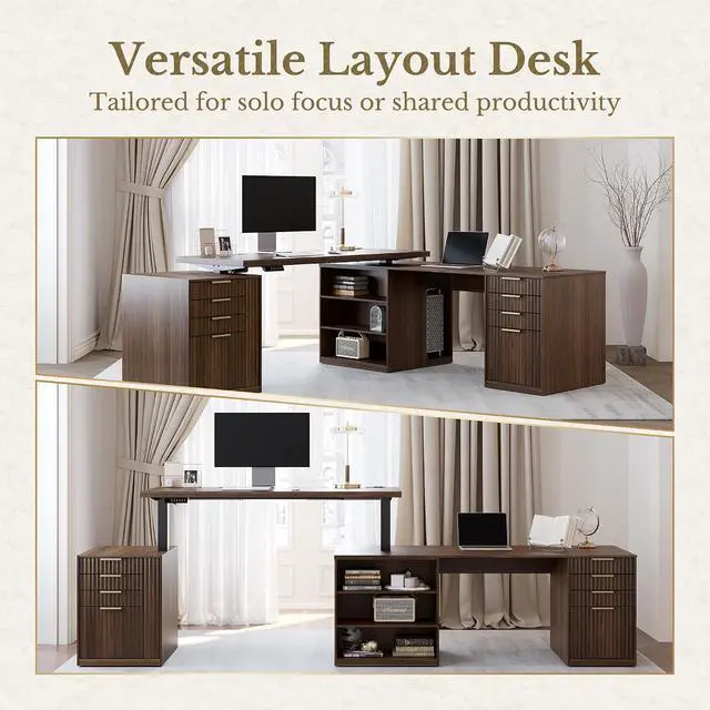 Alt view image 3 of 7 - L Shaped Electric Standing Desk, 81'' x 68" Executive Height Adjustable Desk with Drawers and File Cabinet, AC/USB, Fluted Computer Desk with Storage Shelves for Home Office, Black Walnut