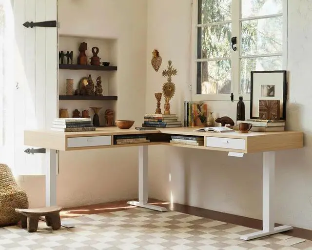 Alt view image 3 of 7 - Electric L Shaped Standing Desk, 63 Height Adjustable Corner Standing Desk with 2 Under Desk Drawers & Open Storage Sapce, Stand Up Table with Power Strip Tray & Cable Grommets, Light Walnut