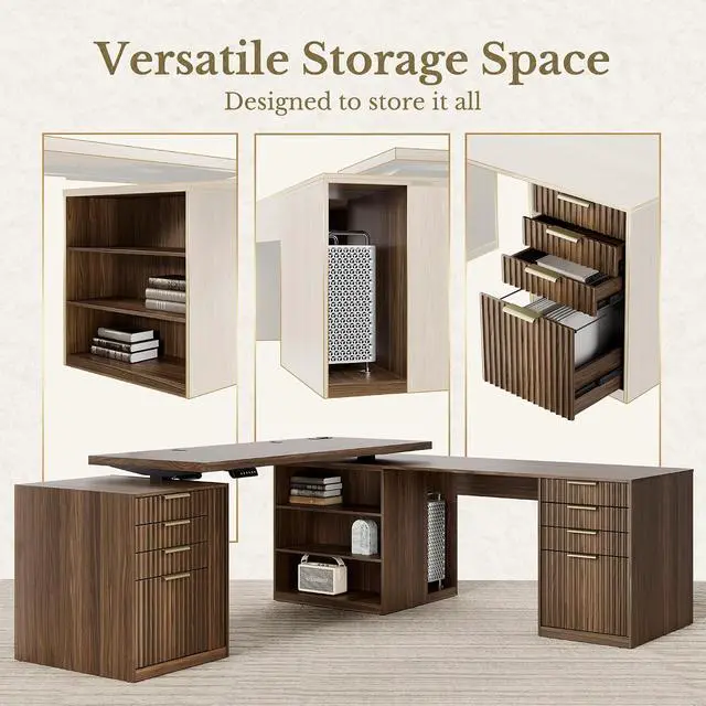 Alt view image 6 of 7 - L Shaped Electric Standing Desk, 81'' x 68" Executive Height Adjustable Desk with Drawers and File Cabinet, AC/USB, Fluted Computer Desk with Storage Shelves for Home Office, Black Walnut