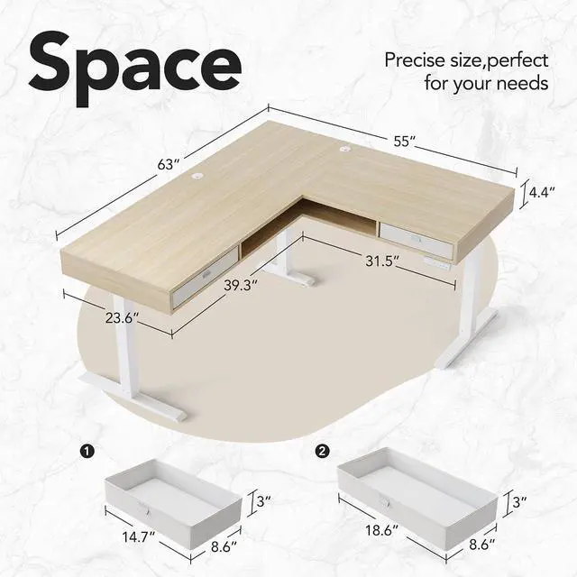 Alt view image 2 of 7 - Electric L Shaped Standing Desk, 63 Height Adjustable Corner Standing Desk with 2 Under Desk Drawers & Open Storage Sapce, Stand Up Table with Power Strip Tray & Cable Grommets, Light Walnut