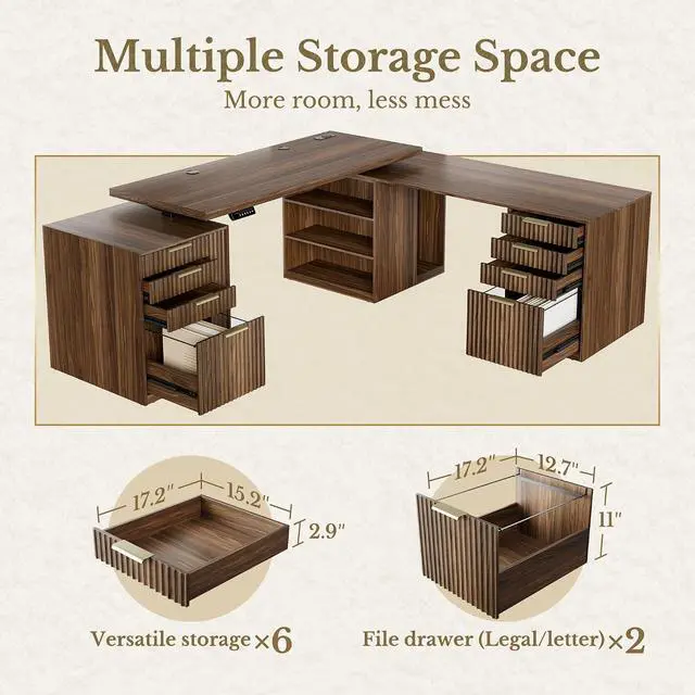 Alt view image 4 of 7 - L Shaped Electric Standing Desk, 81'' x 68" Executive Height Adjustable Desk with Drawers and File Cabinet, AC/USB, Fluted Computer Desk with Storage Shelves for Home Office, Black Walnut