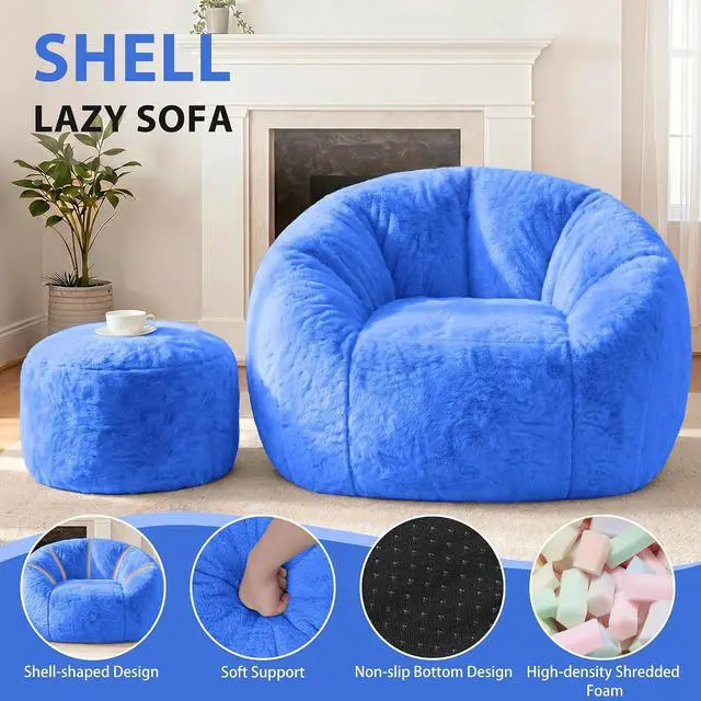 Alt view image 6 of 7 - Bean Bag Chair, Oversized Shell-Shaped Bean Bag Couch with Ottoman, Giant Beanbag Chair for Adults and Kids, Comfy Bean Bag Sofa & Footstool, Large Floor Sofa for Living Room Bedroom, Blue
