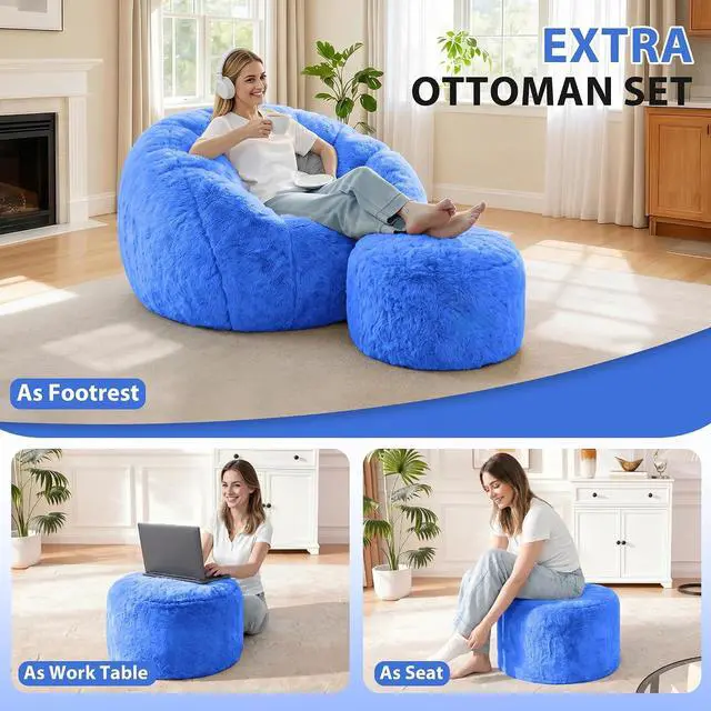 Alt view image 7 of 7 - Bean Bag Chair, Oversized Shell-Shaped Bean Bag Couch with Ottoman, Giant Beanbag Chair for Adults and Kids, Comfy Bean Bag Sofa & Footstool, Large Floor Sofa for Living Room Bedroom, Blue