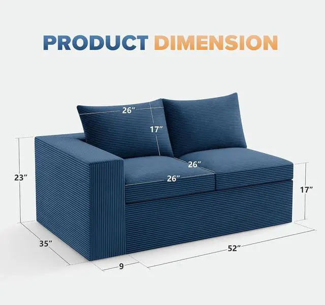 Alt view image 2 of 7 - Modular Sectional Loveseat Sofa for Living Room, Cloud Boneless Couches for Small Spaces, Floor Corduroy Sofa Couch, Comfy Foam Couch with Armrest & Pillow (Blue, 2-Seat)