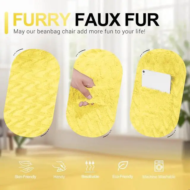 Alt view image 6 of 7 - 3FT Bean Bag Chair,Giant Bean Bag Chairs for Adults,Big Bean Bags with Memory Foam Filled, Large Beanbag Chairs with Chevron Plush Cover-Yellow