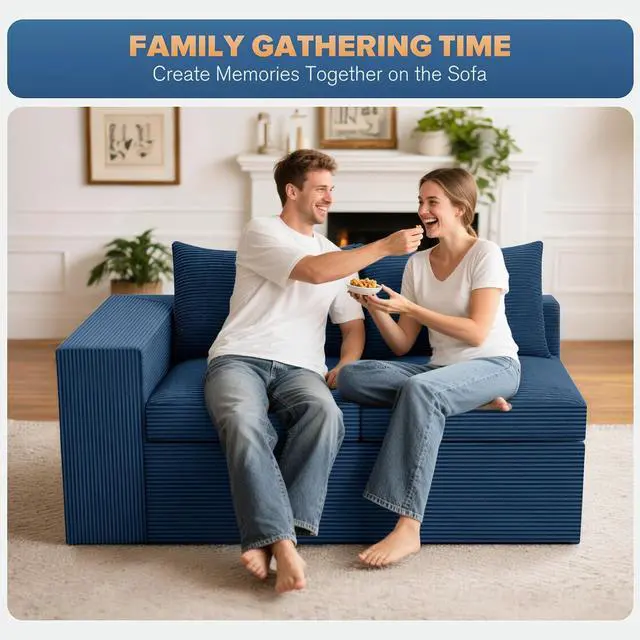 Alt view image 3 of 7 - Modular Sectional Loveseat Sofa for Living Room, Cloud Boneless Couches for Small Spaces, Floor Corduroy Sofa Couch, Comfy Foam Couch with Armrest & Pillow (Blue, 2-Seat)