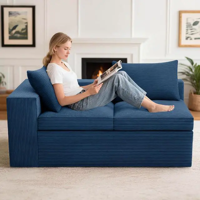 Alt view image 4 of 7 - Modular Sectional Loveseat Sofa for Living Room, Cloud Boneless Couches for Small Spaces, Floor Corduroy Sofa Couch, Comfy Foam Couch with Armrest & Pillow (Blue, 2-Seat)