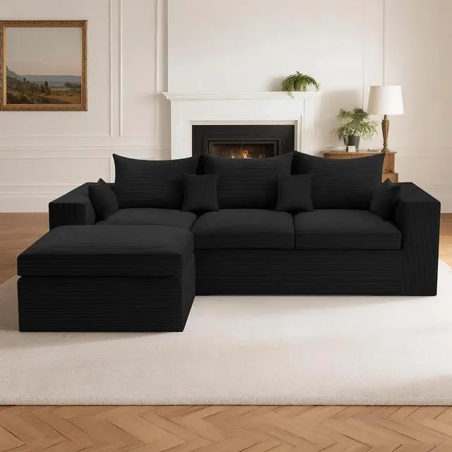 Main image of 96'' Modular Sectional Sofa for Living Room, Cloud Boneless Couches with Deep Seat & Memory Foam,L-Shaped Sofa Couches with Ottoman, Corduroy Couches for Apartment No Assembly(Black,3-Seater)