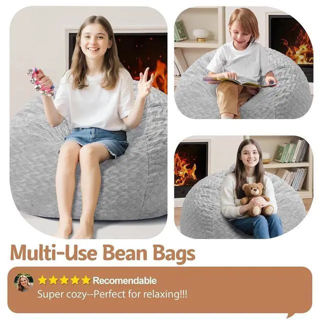 Alt view image 6 of 7 - 2FT Bean Bag Chair,Giant Bean Bag Chairs for Adults,Big Bean Bags with Memory Foam Filled, Large Beanbag Chairs with Chevron Plush Cover-Light Grey