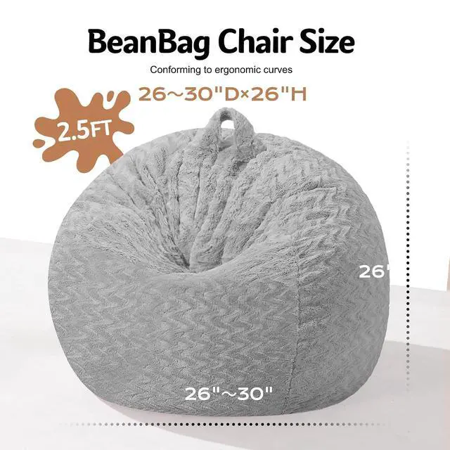 Alt view image 2 of 7 - 2FT Bean Bag Chair,Giant Bean Bag Chairs for Adults,Big Bean Bags with Memory Foam Filled, Large Beanbag Chairs with Chevron Plush Cover-Light Grey