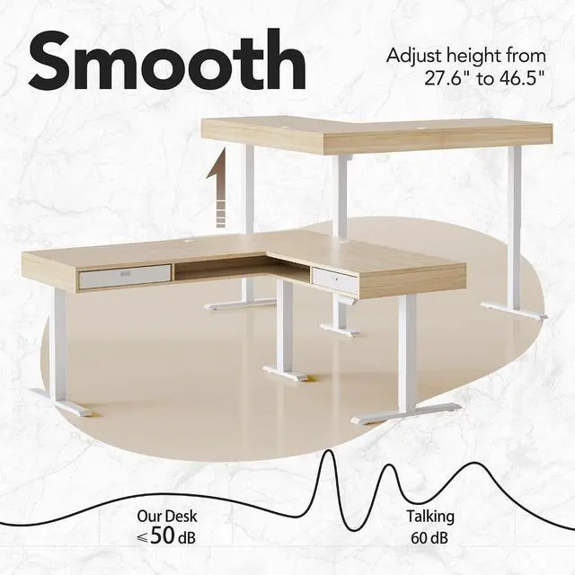 Alt view image 5 of 7 - Electric L Shaped Standing Desk, 63 Height Adjustable Corner Standing Desk with 2 Under Desk Drawers & Open Storage Sapce, Stand Up Table with Power Strip Tray & Cable Grommets, Light Walnut