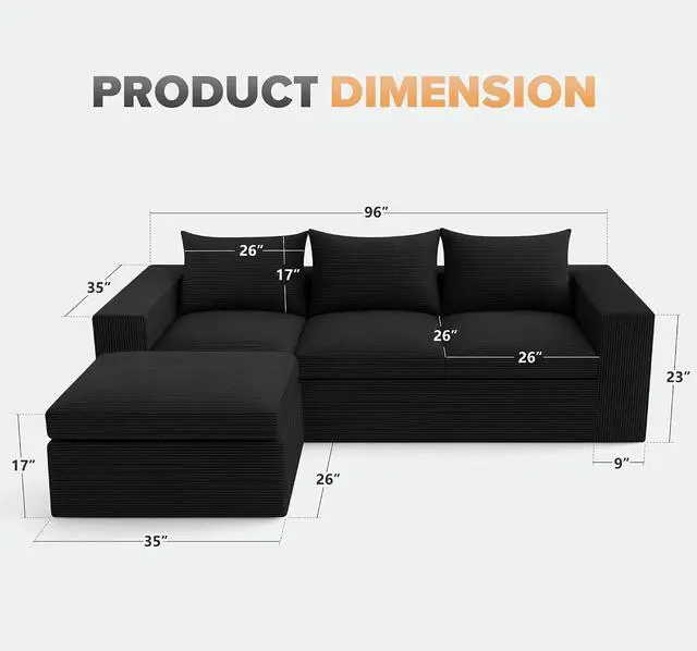 Alt view image 2 of 7 - 96'' Modular Sectional Sofa for Living Room, Cloud Boneless Couches with Deep Seat & Memory Foam,L-Shaped Sofa Couches with Ottoman, Corduroy Couches for Apartment No Assembly(Black,3-Seater)