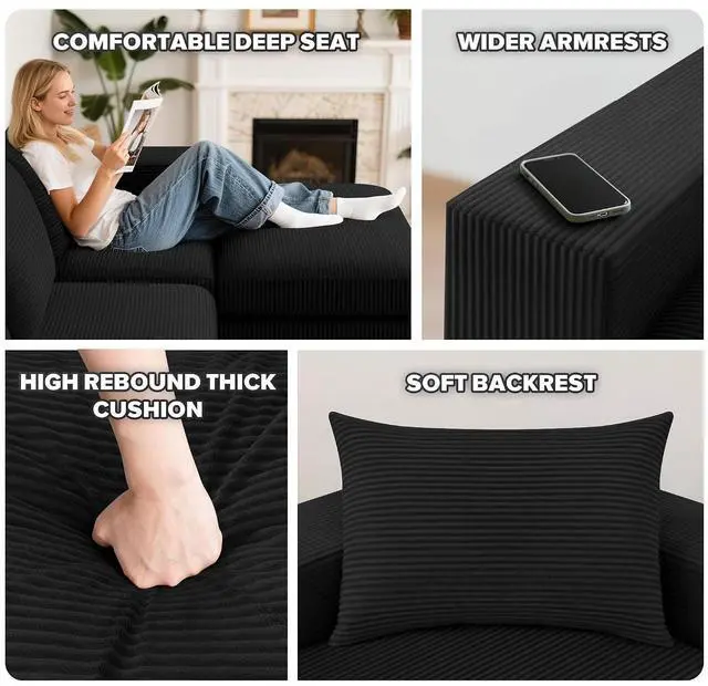 Alt view image 3 of 7 - 96'' Modular Sectional Sofa for Living Room, Cloud Boneless Couches with Deep Seat & Memory Foam,L-Shaped Sofa Couches with Ottoman, Corduroy Couches for Apartment No Assembly(Black,3-Seater)