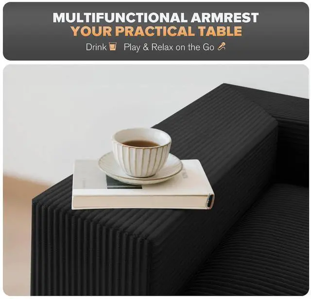 Alt view image 5 of 7 - 96'' Modular Sectional Sofa for Living Room, Cloud Boneless Couches with Deep Seat & Memory Foam,L-Shaped Sofa Couches with Ottoman, Corduroy Couches for Apartment No Assembly(Black,3-Seater)