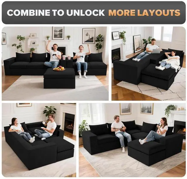 Alt view image 4 of 7 - 96'' Modular Sectional Sofa for Living Room, Cloud Boneless Couches with Deep Seat & Memory Foam,L-Shaped Sofa Couches with Ottoman, Corduroy Couches for Apartment No Assembly(Black,3-Seater)