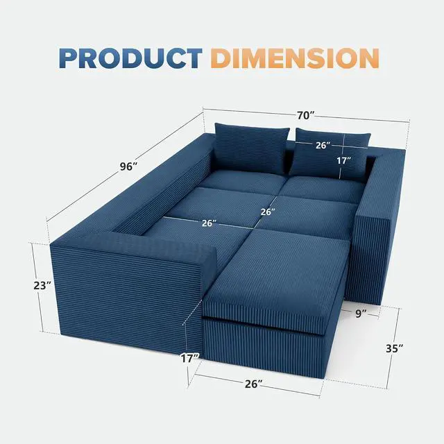 Alt view image 2 of 7 - 96'' Modular Sectional Sofa for Living Room, Cloud Boneless Couches with Deep Seat & Memory Foam,L-Shaped Sofa Couches with Ottoman, Corduroy Couches for Apartment No Assembly(Blue, 5-Seater)