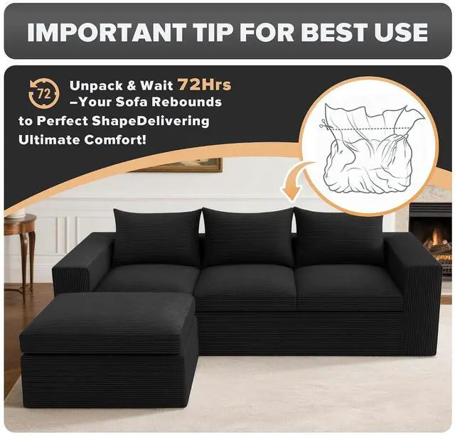 Alt view image 7 of 7 - 96'' Modular Sectional Sofa for Living Room, Cloud Boneless Couches with Deep Seat & Memory Foam,L-Shaped Sofa Couches with Ottoman, Corduroy Couches for Apartment No Assembly(Black,3-Seater)