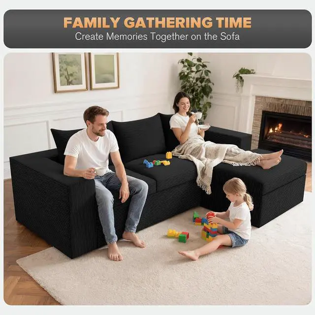 Alt view image 6 of 7 - 96'' Modular Sectional Sofa for Living Room, Cloud Boneless Couches with Deep Seat & Memory Foam,L-Shaped Sofa Couches with Ottoman, Corduroy Couches for Apartment No Assembly(Black,3-Seater)