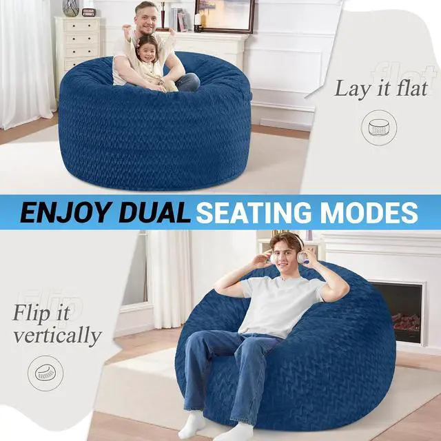 Alt view image 3 of 7 - 4FT Bean Bag Chair,Giant Bean Bag Chairs for Adults,Big Bean Bags with Memory Foam Filled, Large Beanbag Chairs with Chevron Plush Cover-Blue