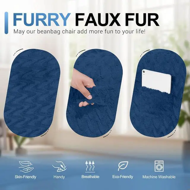 Alt view image 6 of 7 - 6FT Bean Bag Chair,Giant Bean Bag Chairs for Adults,Big Bean Bags with Memory Foam Filled, Large Beanbag Chairs with Chevron Plush Cover-Blue