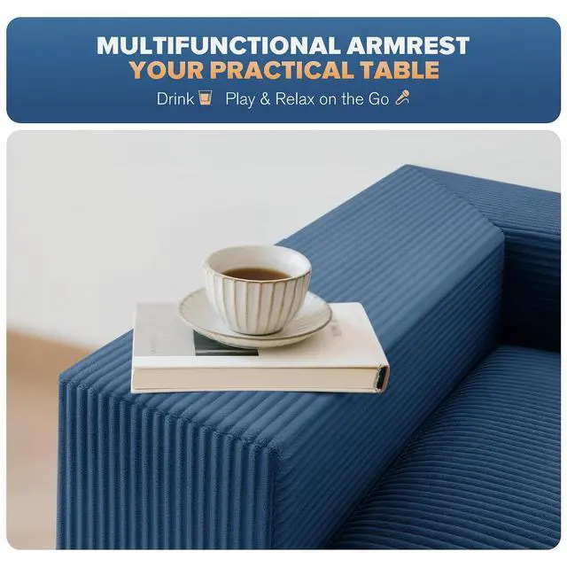 Alt view image 5 of 7 - 96'' Modular Sectional Sofa for Living Room, Cloud Boneless Couches with Deep Seat & Memory Foam,L-Shaped Sofa Couches with Ottoman, Corduroy Couches for Apartment No Assembly(Blue, 3-Seater)