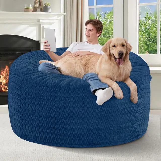Alt view image 5 of 7 - 4FT Bean Bag Chair,Giant Bean Bag Chairs for Adults,Big Bean Bags with Memory Foam Filled, Large Beanbag Chairs with Chevron Plush Cover-Blue