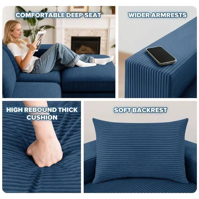 Alt view image 3 of 7 - 96'' Modular Sectional Sofa for Living Room, Cloud Boneless Couches with Deep Seat & Memory Foam,L-Shaped Sofa Couches with Ottoman, Corduroy Couches for Apartment No Assembly(Blue, 3-Seater)