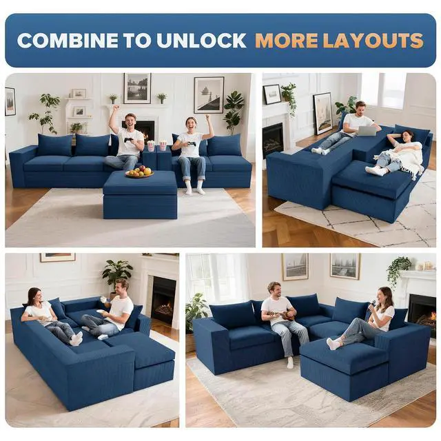 Alt view image 4 of 7 - 96'' Modular Sectional Sofa for Living Room, Cloud Boneless Couches with Deep Seat & Memory Foam,L-Shaped Sofa Couches with Ottoman, Corduroy Couches for Apartment No Assembly(Blue, 3-Seater)