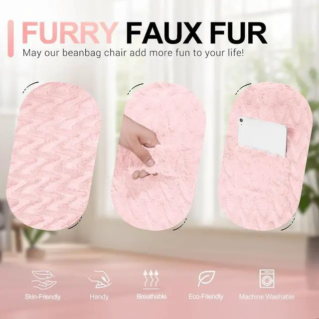Alt view image 6 of 6 - 3FT Bean Bag Chair,Giant Bean Bag Chairs for Adults,Big Bean Bags with Memory Foam Filled, Large Beanbag Chairs with Chevron Plush Cover-Soft Pink