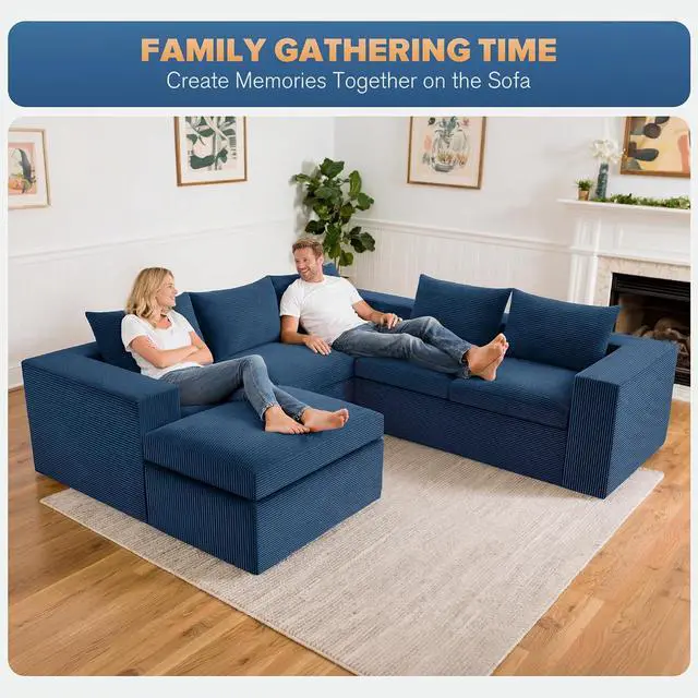 Alt view image 6 of 7 - 96'' Modular Sectional Sofa for Living Room, Cloud Boneless Couches with Deep Seat & Memory Foam,L-Shaped Sofa Couches with Ottoman, Corduroy Couches for Apartment No Assembly(Blue, 5-Seater)