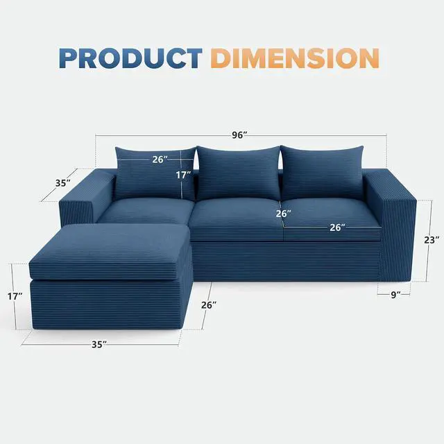 Alt view image 2 of 7 - 96'' Modular Sectional Sofa for Living Room, Cloud Boneless Couches with Deep Seat & Memory Foam,L-Shaped Sofa Couches with Ottoman, Corduroy Couches for Apartment No Assembly(Blue, 3-Seater)