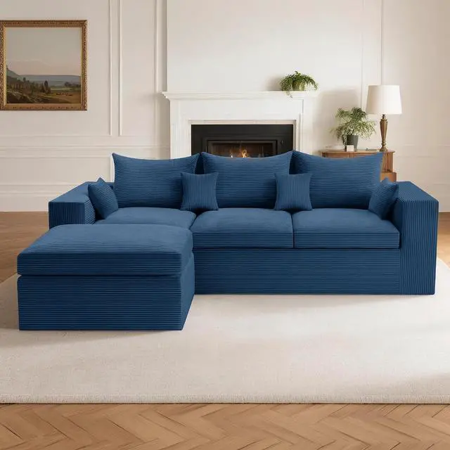 Main image of 96'' Modular Sectional Sofa for Living Room, Cloud Boneless Couches with Deep Seat & Memory Foam,L-Shaped Sofa Couches with Ottoman, Corduroy Couches for Apartment No Assembly(Blue, 3-Seater)