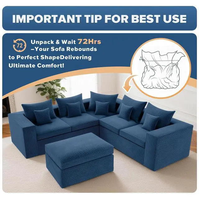 Alt view image 7 of 7 - 96'' Modular Sectional Sofa for Living Room, Cloud Boneless Couches with Deep Seat & Memory Foam,L-Shaped Sofa Couches with Ottoman, Corduroy Couches for Apartment No Assembly(Blue, 5-Seater)
