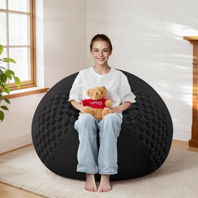 Main image of 2FT Bean Bag Chair Teardrop Beanbag Chair with Memory Foam Filled Soft Checkboard Leaf alongside Plush Bean Bag Sofa with Removable Cover for Living Room,Bedroom-Checkboard Black