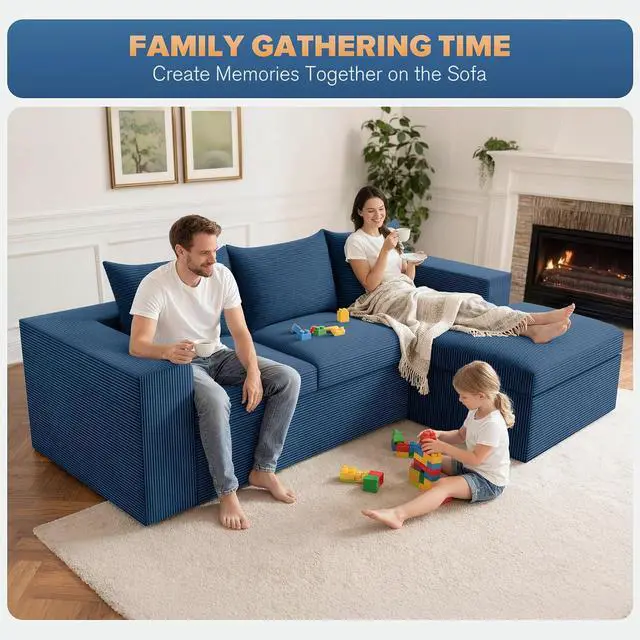 Alt view image 6 of 7 - 96'' Modular Sectional Sofa for Living Room, Cloud Boneless Couches with Deep Seat & Memory Foam,L-Shaped Sofa Couches with Ottoman, Corduroy Couches for Apartment No Assembly(Blue, 3-Seater)