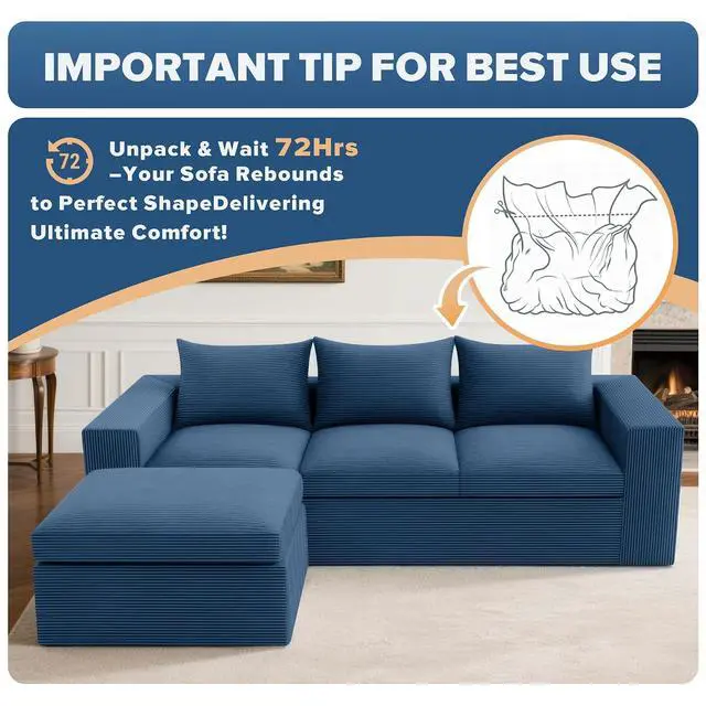 Alt view image 7 of 7 - 96'' Modular Sectional Sofa for Living Room, Cloud Boneless Couches with Deep Seat & Memory Foam,L-Shaped Sofa Couches with Ottoman, Corduroy Couches for Apartment No Assembly(Blue, 3-Seater)
