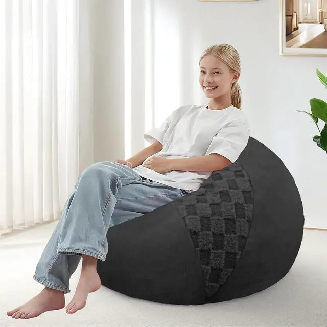Alt view image 6 of 7 - 2FT Bean Bag Chair Teardrop Beanbag Chair with Memory Foam Filled Soft Checkboard Leaf alongside Plush Bean Bag Sofa with Removable Cover for Living Room,Bedroom-Checkboard Black