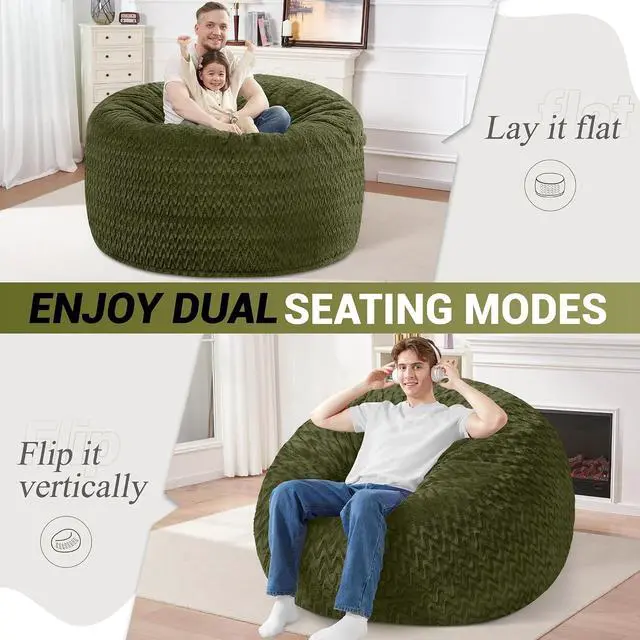 Alt view image 2 of 7 - 4FT Bean Bag Chair,Giant Bean Bag Chairs for Adults,Big Bean Bags with Memory Foam Filled, Large Beanbag Chairs with Chevron Plush Cover-Green