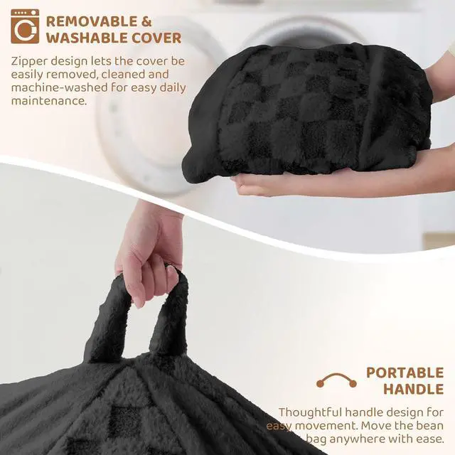 Alt view image 7 of 7 - 2FT Bean Bag Chair Teardrop Beanbag Chair with Memory Foam Filled Soft Checkboard Leaf alongside Plush Bean Bag Sofa with Removable Cover for Living Room,Bedroom-Checkboard Black