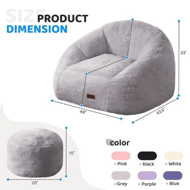 Alt view image 2 of 7 - Bean Bag Chair, Giant Bean Bag Chairs for Adults with Ottoman, Comfy Faux Fur Shell-Shaped Bean Bag Couch, Sofa Chair for Living Room, Bedroom, Grey