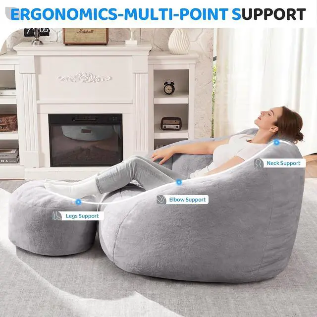 Alt view image 3 of 7 - Bean Bag Chair, Giant Bean Bag Chairs for Adults with Ottoman, Comfy Faux Fur Shell-Shaped Bean Bag Couch, Sofa Chair for Living Room, Bedroom, Grey