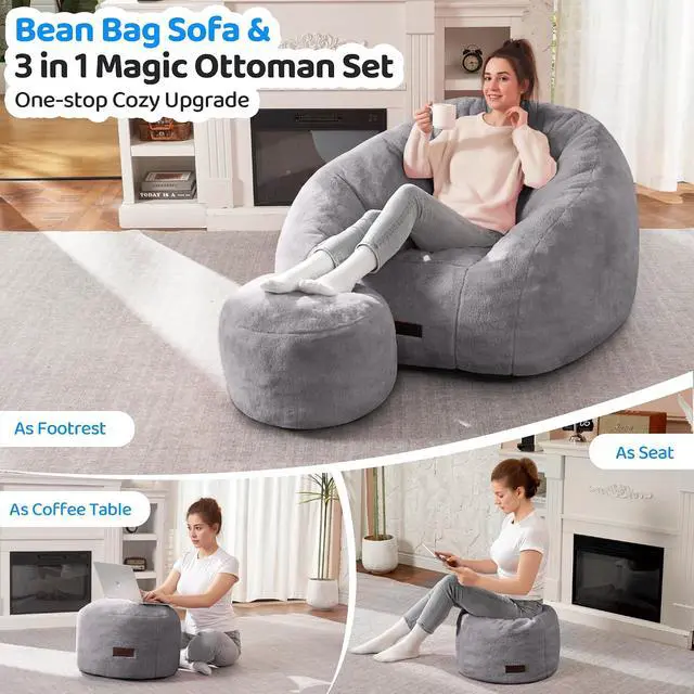 Alt view image 4 of 7 - Bean Bag Chair, Giant Bean Bag Chairs for Adults with Ottoman, Comfy Faux Fur Shell-Shaped Bean Bag Couch, Sofa Chair for Living Room, Bedroom, Grey