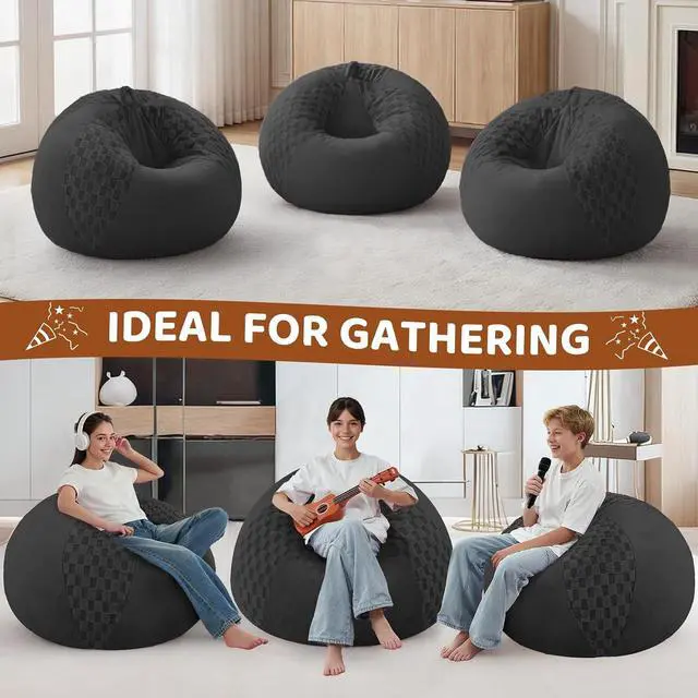 Alt view image 4 of 7 - 2FT Bean Bag Chair Teardrop Beanbag Chair with Memory Foam Filled Soft Checkboard Leaf alongside Plush Bean Bag Sofa with Removable Cover for Living Room,Bedroom-Checkboard Black