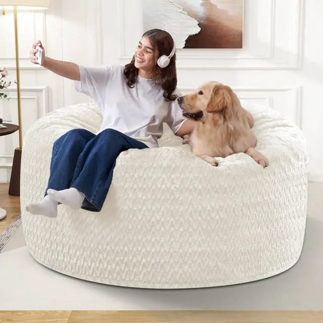 Alt view image 3 of 7 - 3FT Bean Bag Chair,Giant Bean Bag Chairs for Adults,Big Bean Bags with Memory Foam Filled, Large Beanbag Chairs with Chevron Plush Cover-White