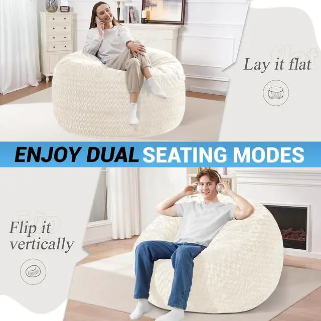 Alt view image 4 of 7 - 3FT Bean Bag Chair,Giant Bean Bag Chairs for Adults,Big Bean Bags with Memory Foam Filled, Large Beanbag Chairs with Chevron Plush Cover-White