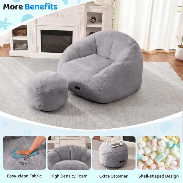 Alt view image 5 of 7 - Bean Bag Chair, Giant Bean Bag Chairs for Adults with Ottoman, Comfy Faux Fur Shell-Shaped Bean Bag Couch, Sofa Chair for Living Room, Bedroom, Grey