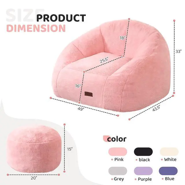 Alt view image 2 of 7 - Bean Bag Chair, Giant Bean Bag Chairs for Adults with Ottoman, Comfy Faux Fur Shell-Shaped Bean Bag Couch, Sofa Chair for Living Room, Bedroom, Pink