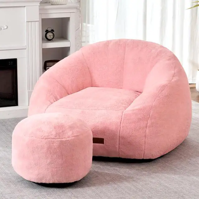 Main image of Bean Bag Chair, Giant Bean Bag Chairs for Adults with Ottoman, Comfy Faux Fur Shell-Shaped Bean Bag Couch, Sofa Chair for Living Room, Bedroom, Pink