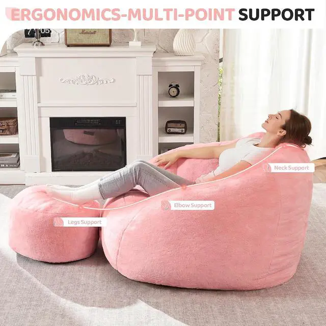 Alt view image 3 of 7 - Bean Bag Chair, Giant Bean Bag Chairs for Adults with Ottoman, Comfy Faux Fur Shell-Shaped Bean Bag Couch, Sofa Chair for Living Room, Bedroom, Pink